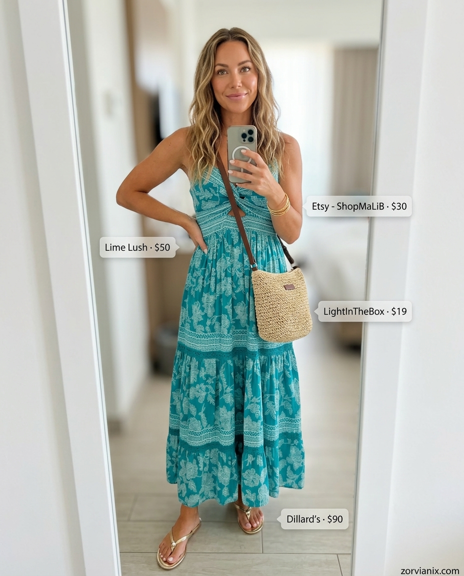 Miami summer outfits for women 2026: Teal and coral tropical maxi dress with gold bangles and straw crossbody bag.