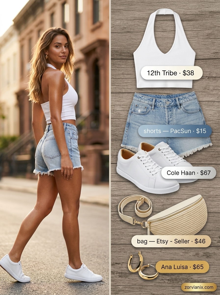 Miami summer outfits for women 2026: White halter crop top, denim shorts, sneakers, and straw belt bag for casual days.
