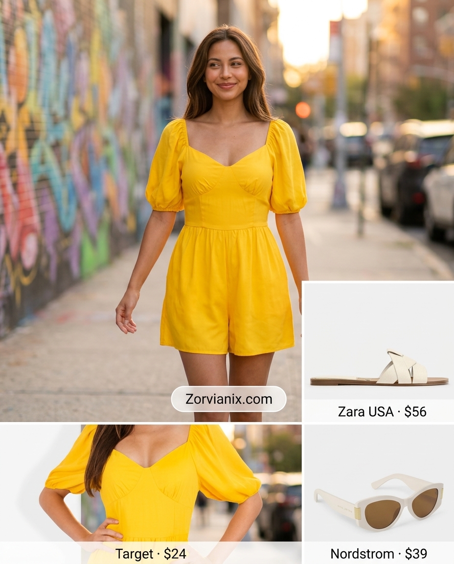 Miami summer outfits for women 2026: Bright yellow romper with white sunglasses and sandals for poolside fun.