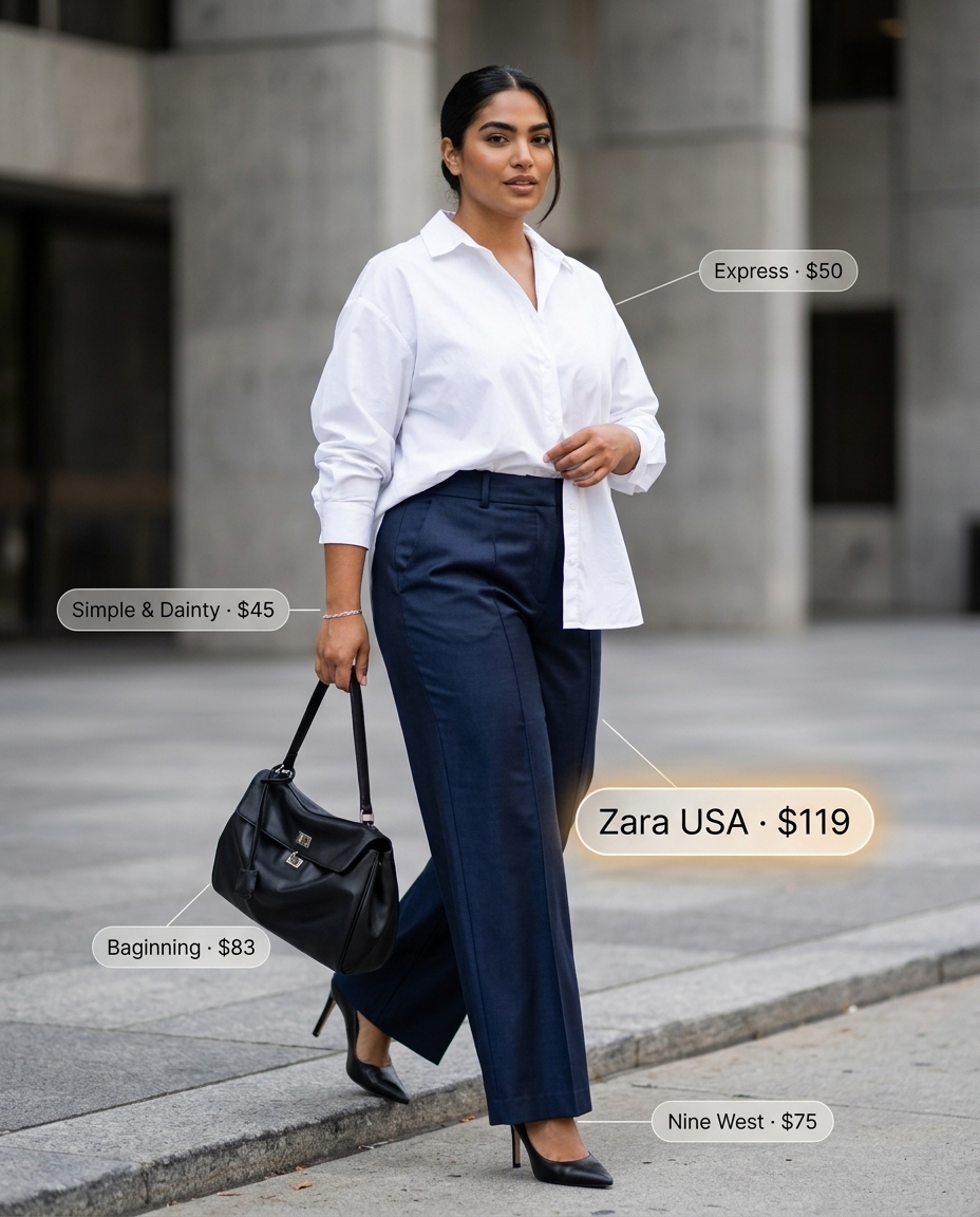 Miami summer outfits for women 2026: Navy wide-leg trousers, white shirt, and pointed heels for a smart casual event.