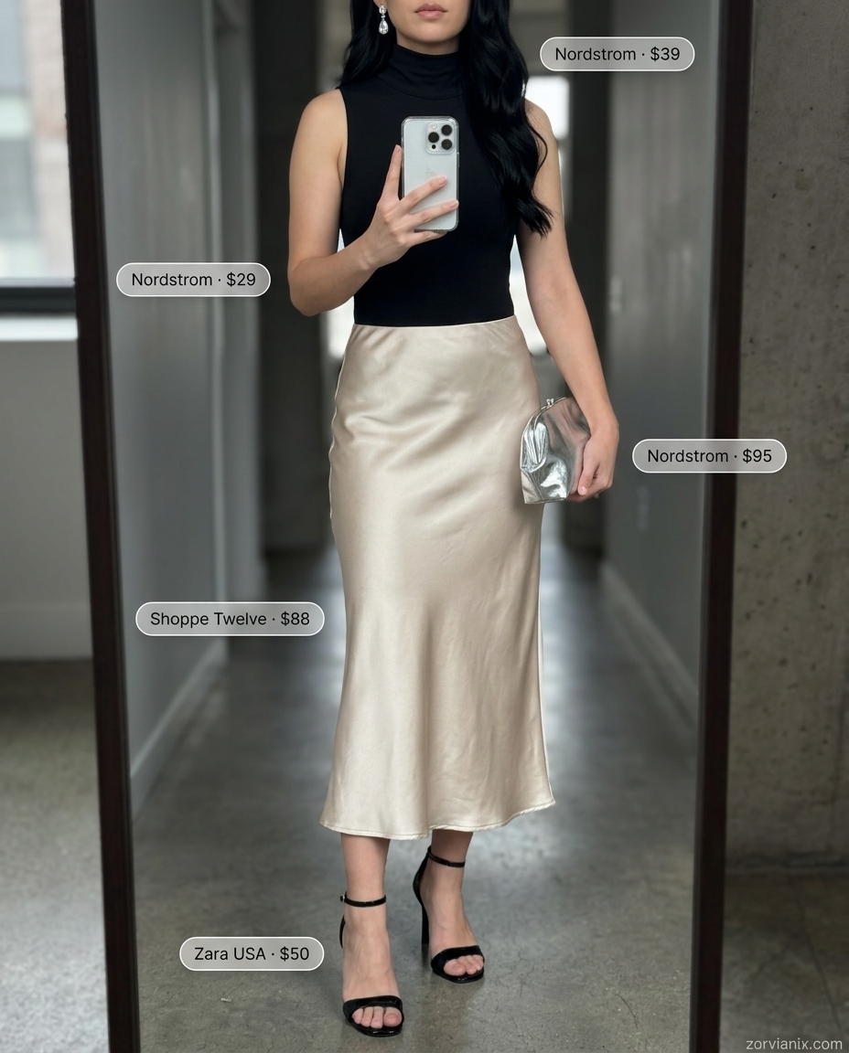 Miami summer outfits for women 2026: Champagne slip skirt, black bodysuit, silver clutch for evening elegance.