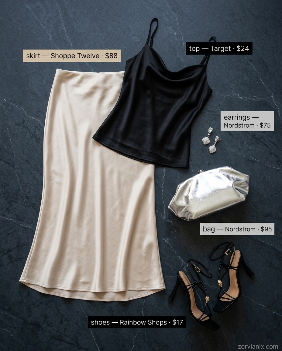 Miami summer outfits for women 2026: Champagne satin skirt, black camisole, silver clutch for Art Deco evening.