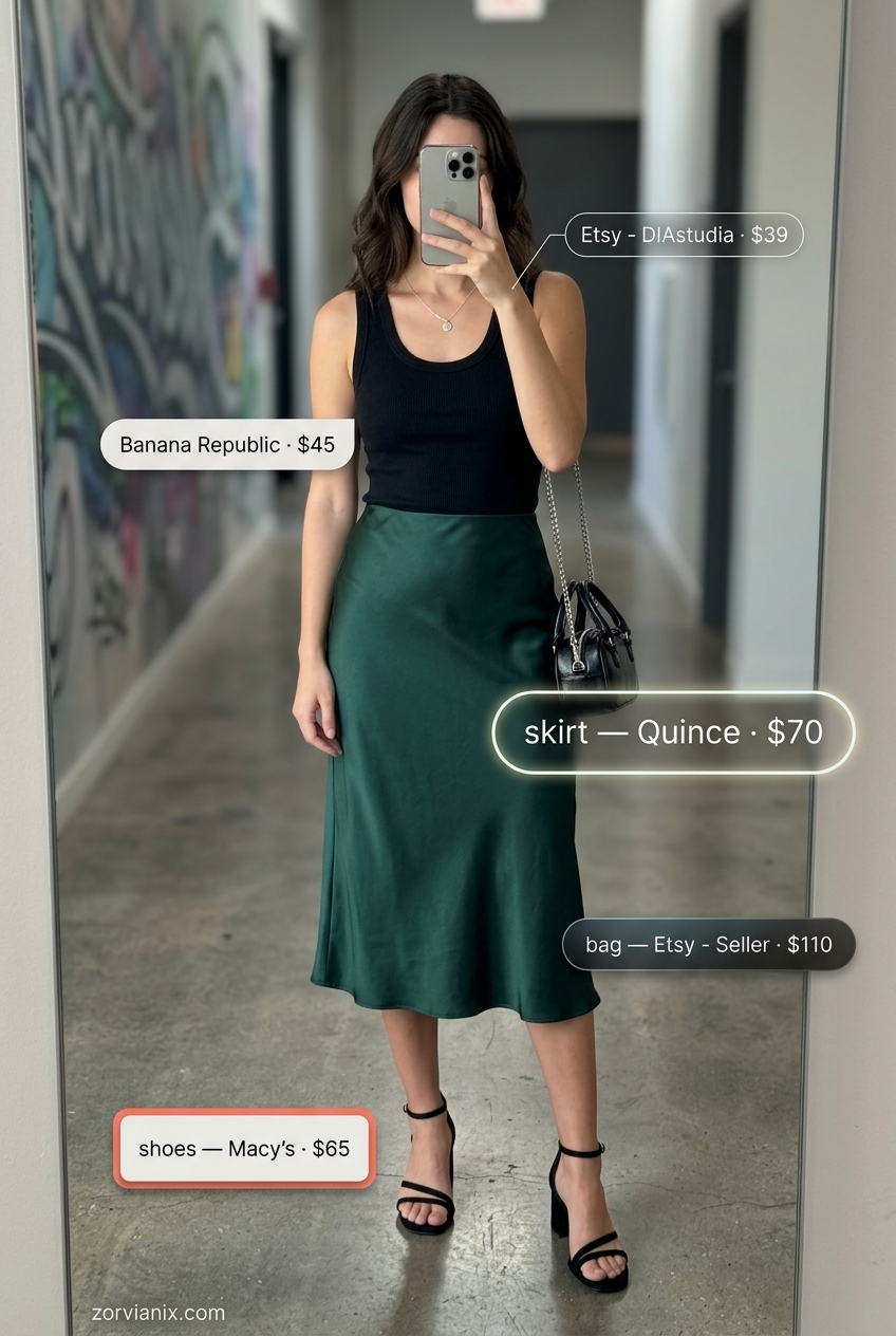 Miami summer outfits for women 2026: Emerald green slip skirt, black tank, and heeled sandals for an art gallery visit.
