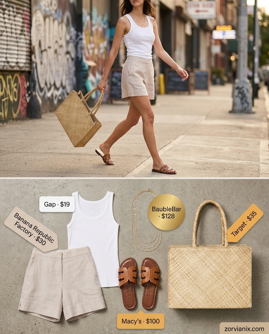 Miami summer outfits for women 2026: White tank, beige linen shorts, straw tote for beach getaway.