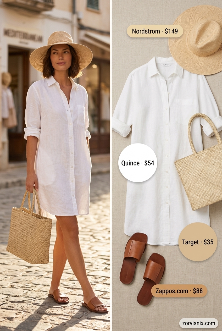 Miami summer outfits for women 2026: White linen shirt dress, straw hat, tan slides for resort casual.