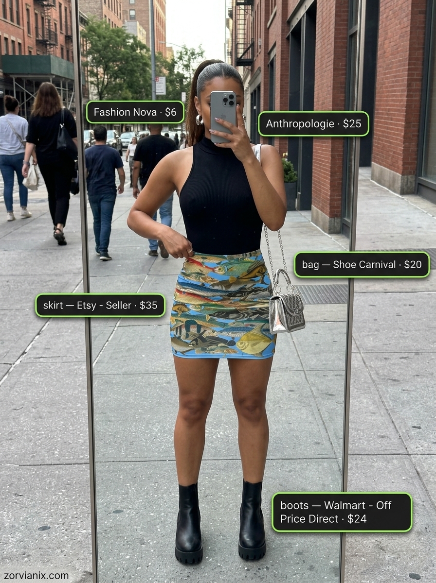 Miami summer outfits for women 2026: Tropical print mini skirt, bodysuit, platform boots for a night out.