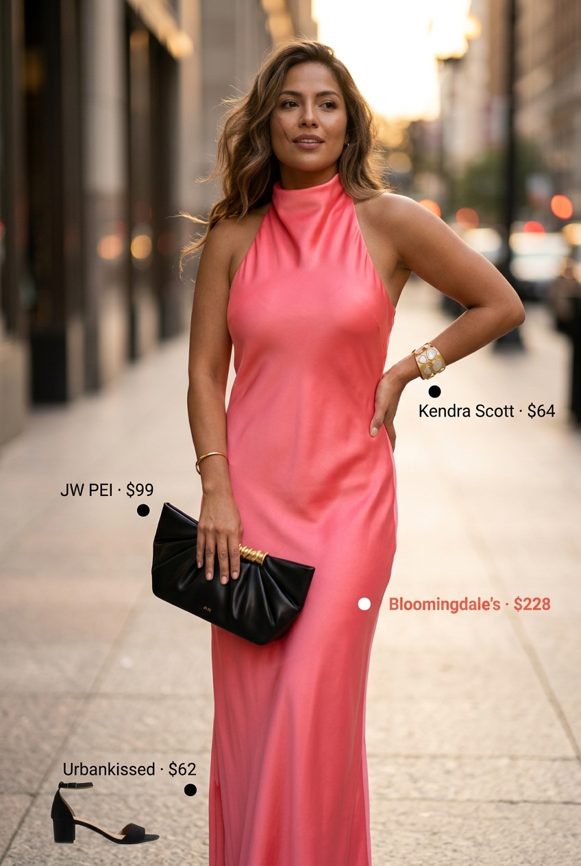 Miami summer outfits for women 2026: Coral maxi dress, black clutch, gold bracelet, and block heels for evening dinner.