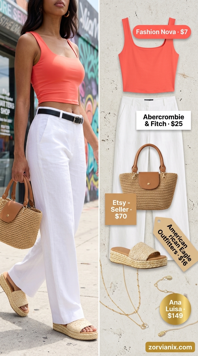 Miami summer outfits for women 2026: Coral crop top, white linen pants, woven tote for Ocean Drive.