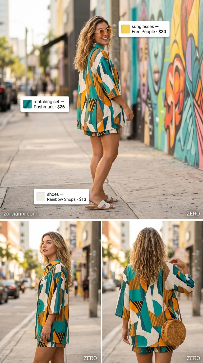 Miami summer outfits for women 2026: Teal & yellow abstract matching set with white sandals for poolside.