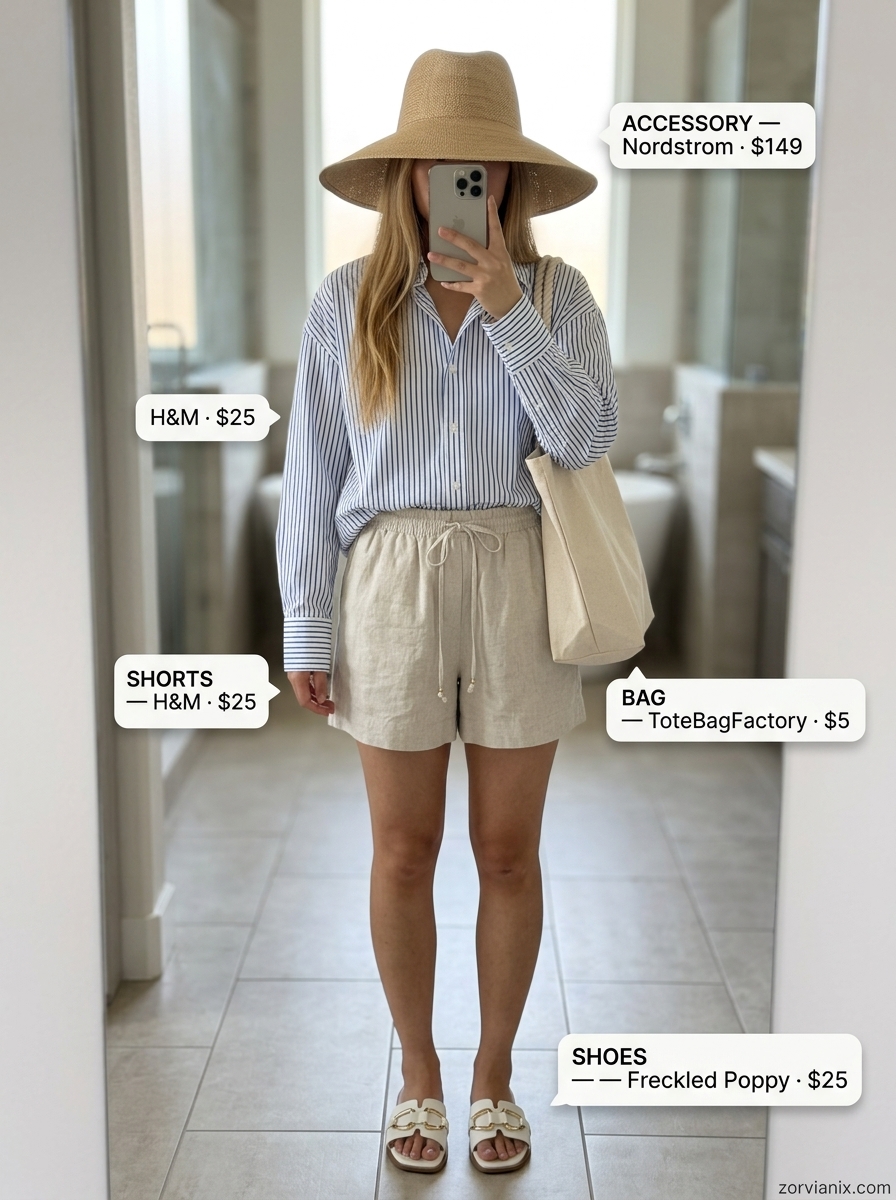 Miami summer outfits for women 2026: White oversized shirt, beige shorts, straw hat for poolside lounging.