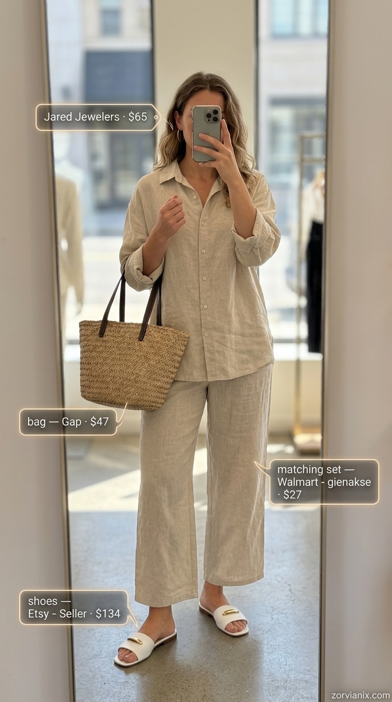 Miami summer outfits for women 2026: Sand beige linen matching set, raffia tote, and leather slides for brunch.