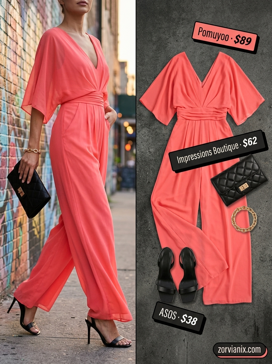 Miami summer outfits for women 2026: Coral wide-leg jumpsuit with black heels for sunset rooftop.