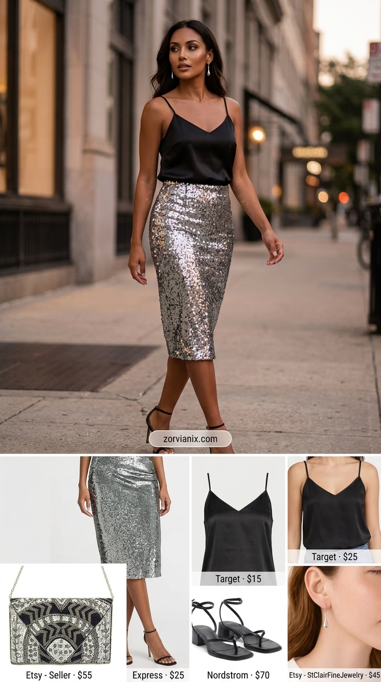Miami summer outfits for women 2026: Silver sequin midi skirt, black camisole, strappy heels for an evening event.