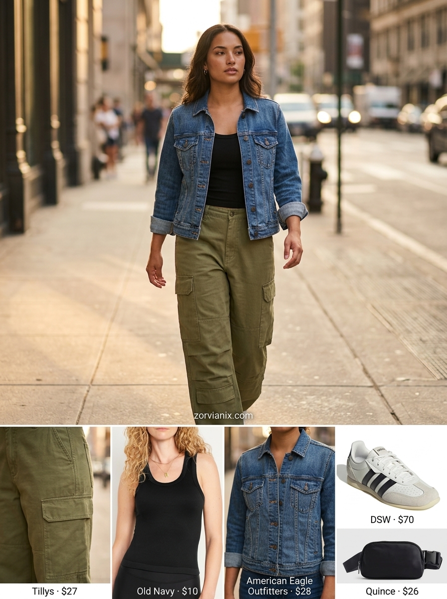 Miami summer outfits for women 2026: Olive cargo pants, denim jacket, ribbed tank, and sneakers for city exploration.