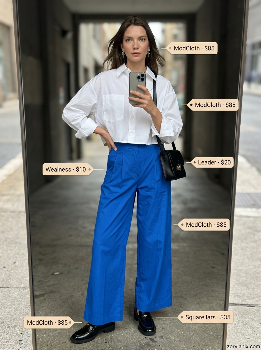 Miami summer outfits for women 2026: Cobalt blue wide-leg pants, crisp white shirt, and black loafers for art gallery visits.