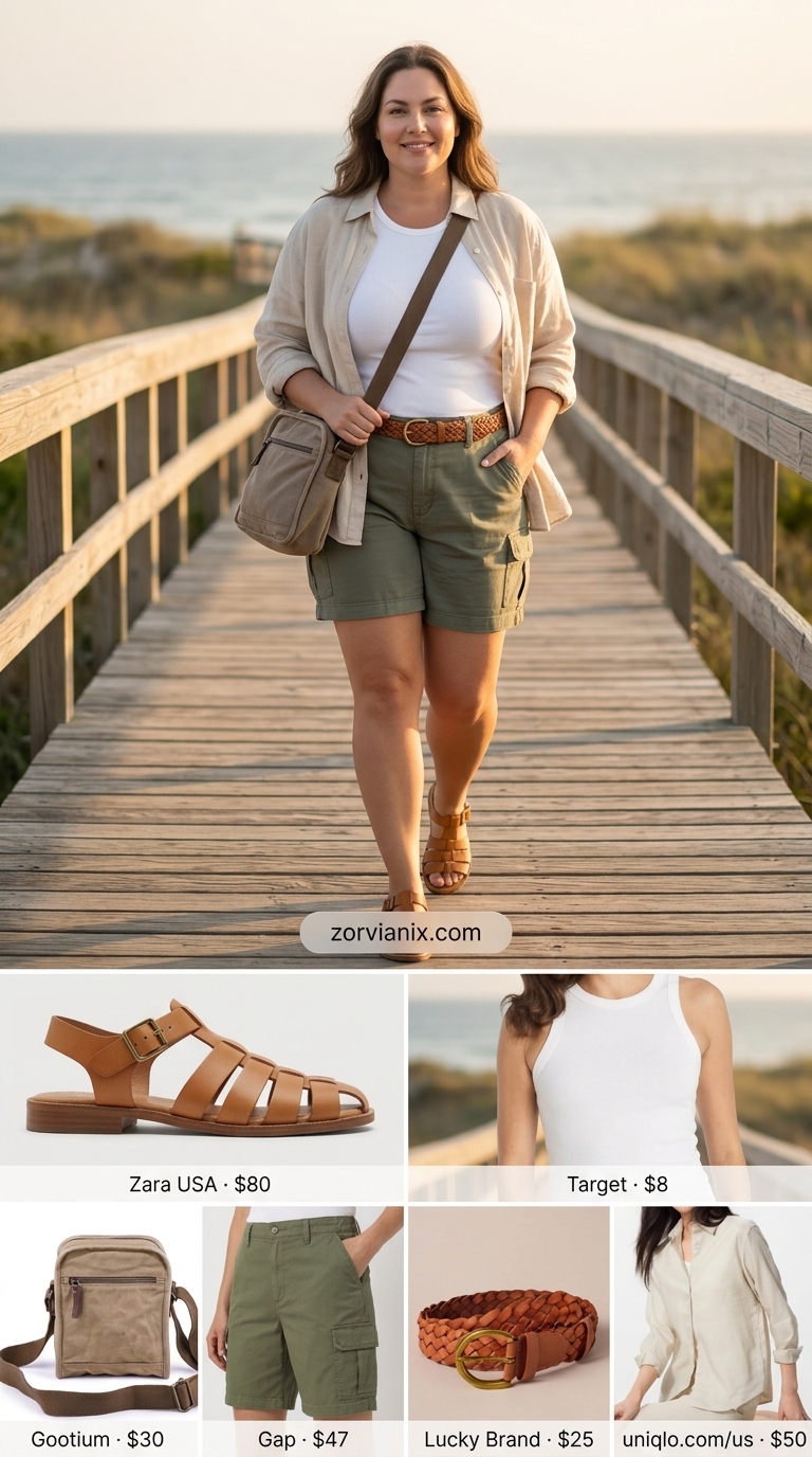Midsize outfits for women summer 2026: Olive green cargo shorts with linen shirt and fisherman sandals for travel.