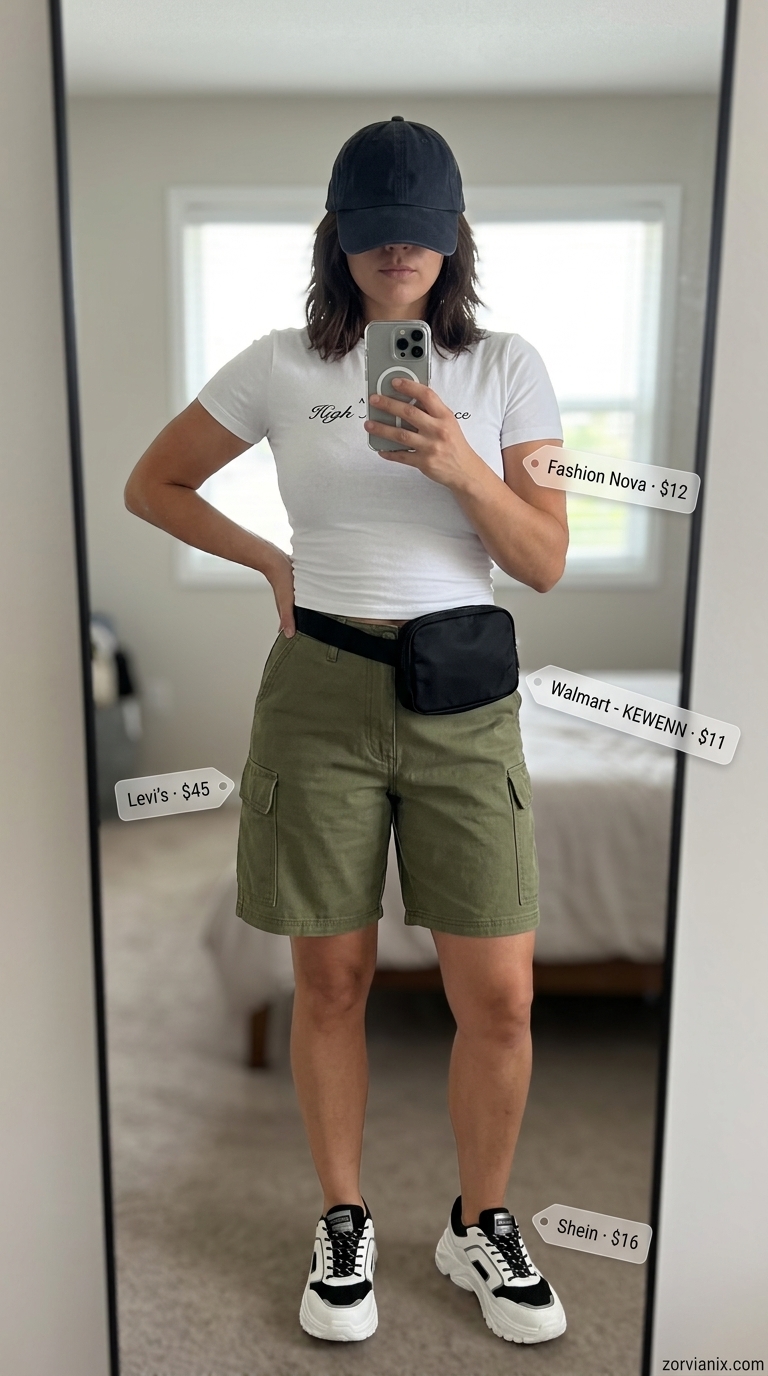 Midsize outfits for women summer 2026: Olive cargo shorts, graphic tee, dad sneakers, black cap for casual city exploration.
