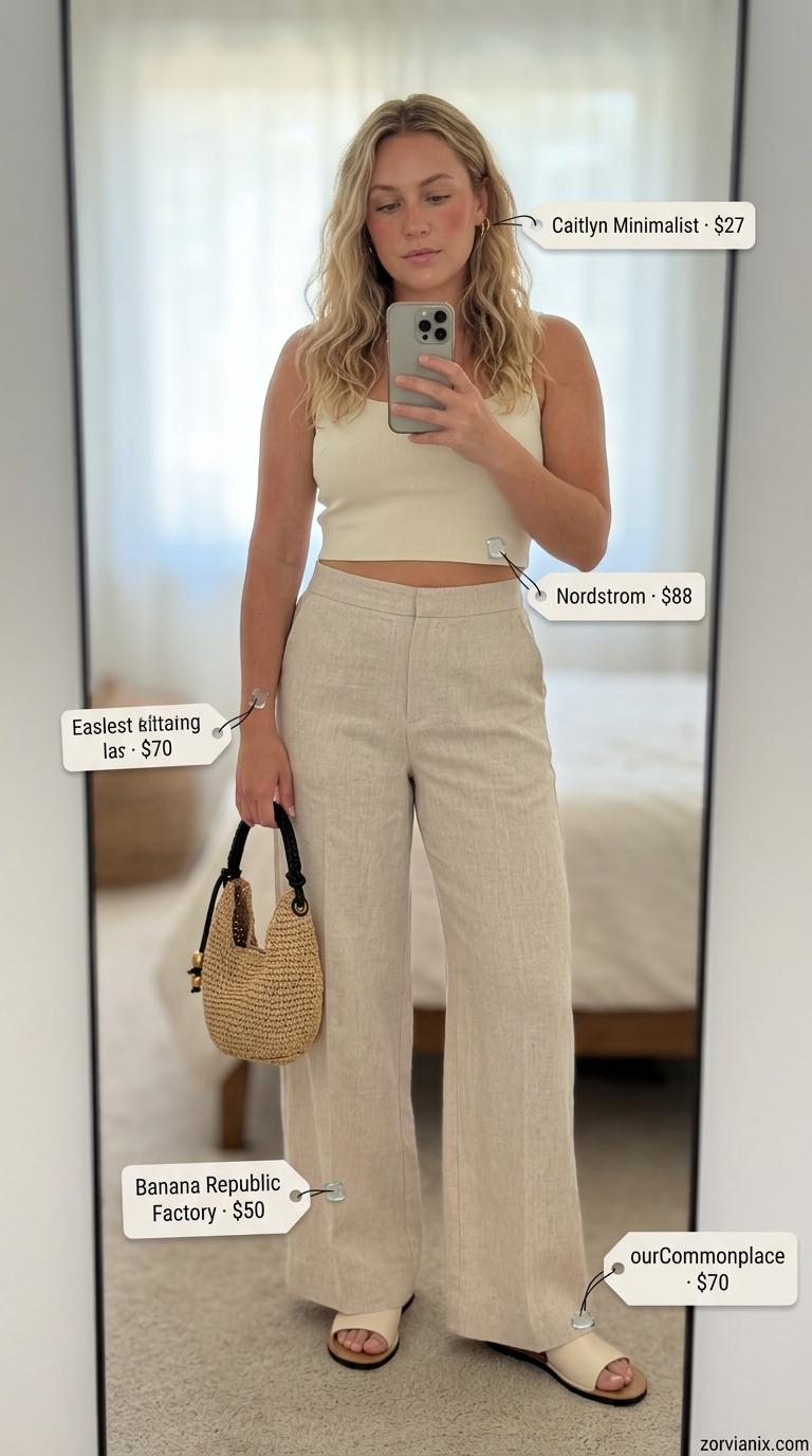 Midsize outfits for women summer 2026: Sand beige linen set with flat sandals for a relaxed beach day.