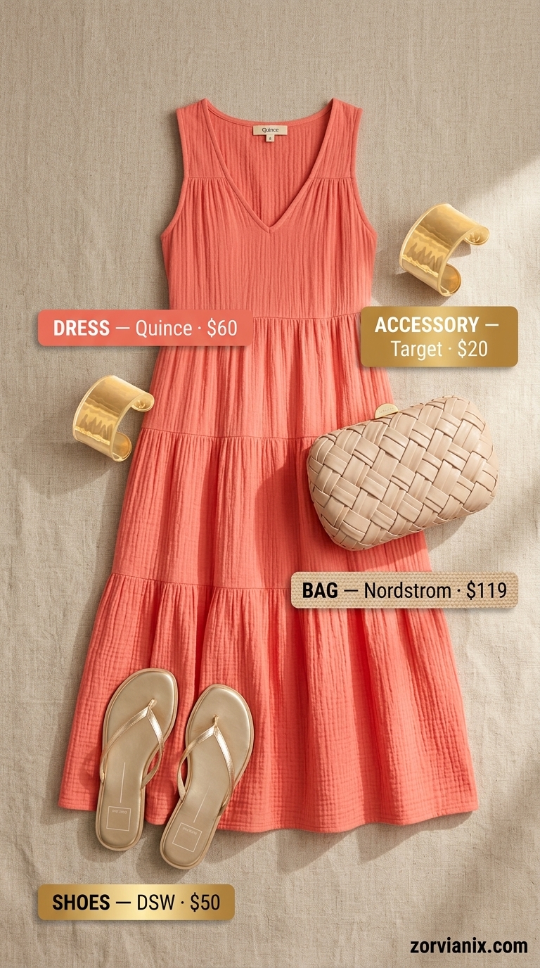 Midsize outfits for women summer 2026: Coral maxi dress with gold accessories for a vacation evening.