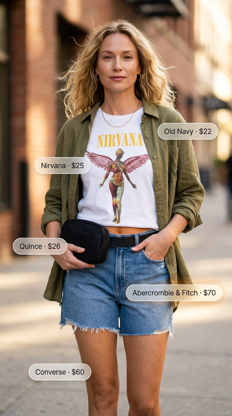 Midsize outfits for women summer 2026: Denim shorts with oversized linen shirt and graphic tee for casual street style.