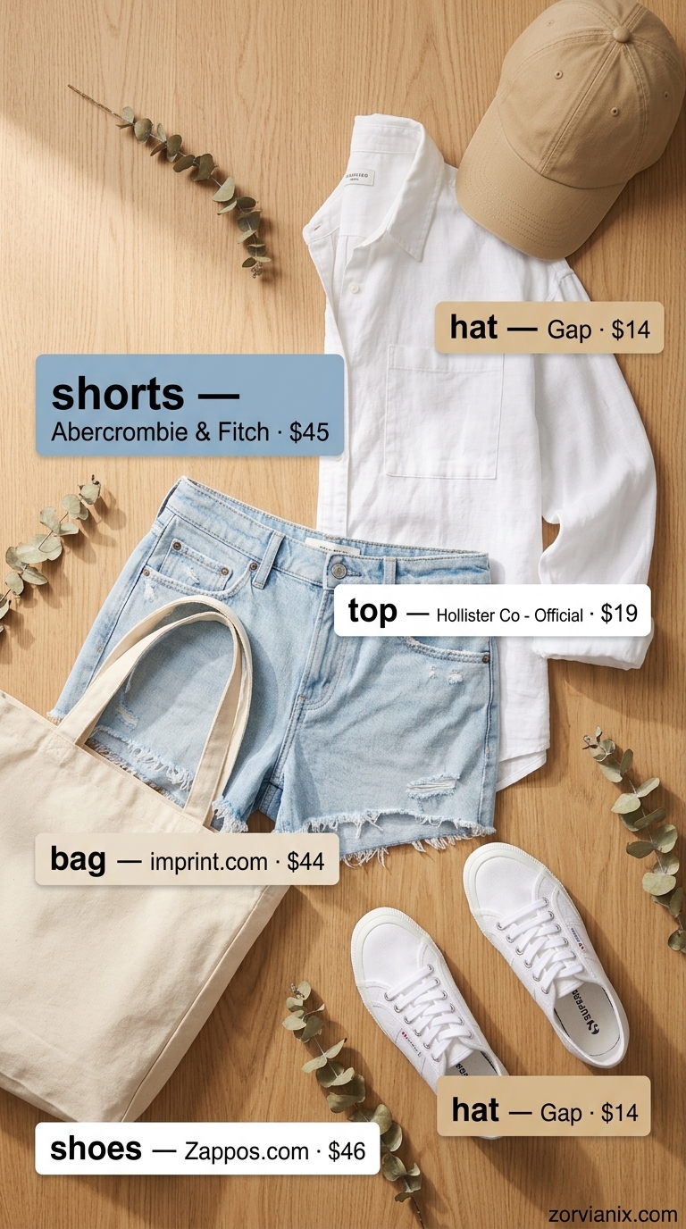 Midsize outfits for women summer 2026: Denim shorts, oversized linen shirt, canvas tote, white sneakers for casual weekend.