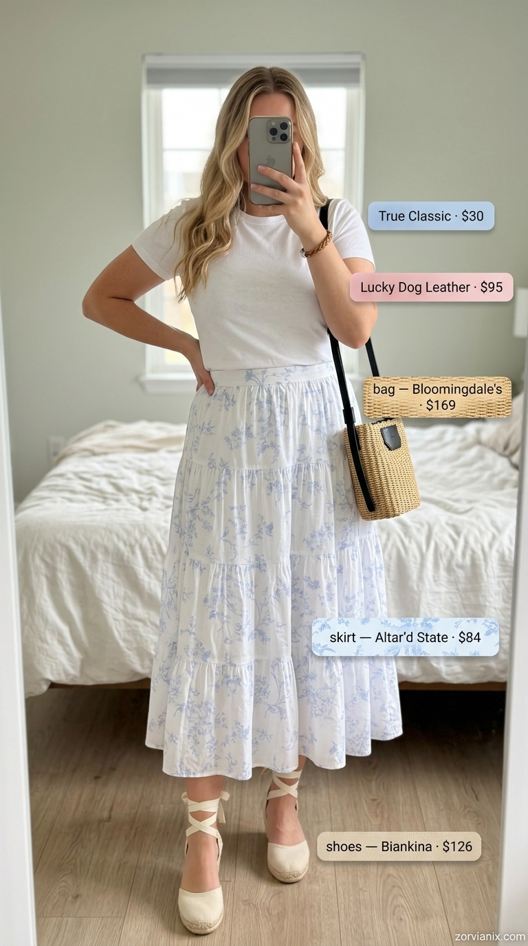 Midsize outfits for women summer 2026: Pastel floral midi skirt, white tee, espadrilles, straw bag for picnic.