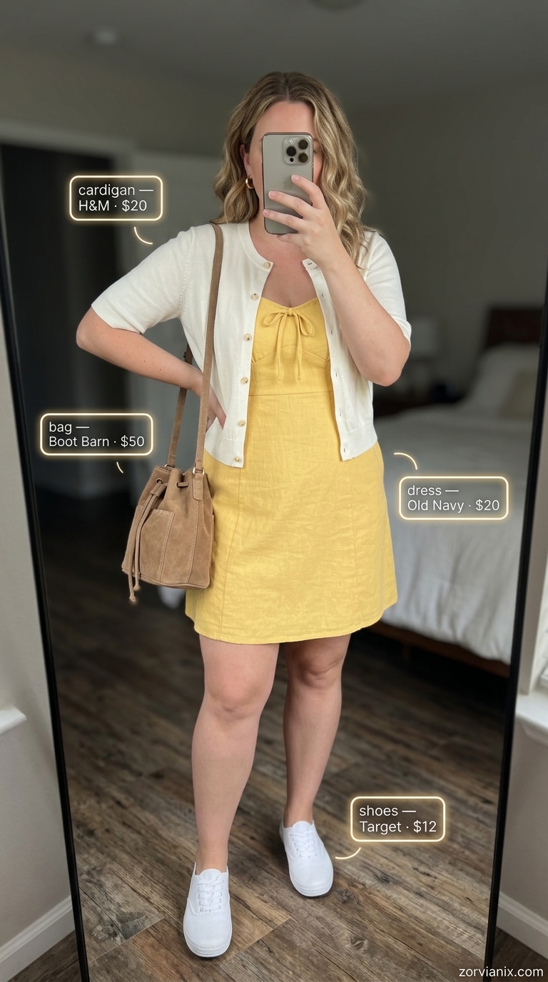 Midsize outfits for women summer 2026: Lemon yellow sundress with white cardigan and sneakers for a casual day out.