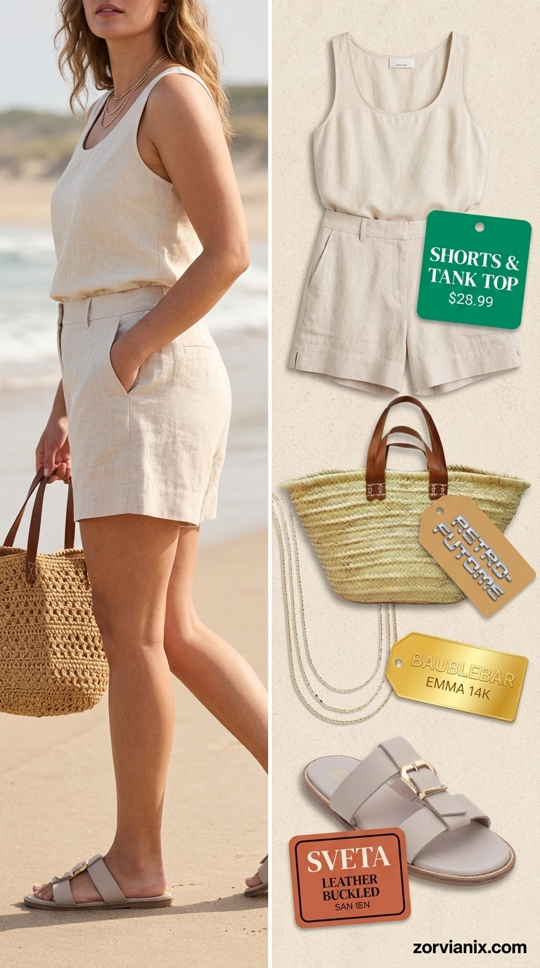 Midsize outfits for women summer 2026: Cream linen shorts & oversized shirt set, straw tote, gold jewelry for beach day.