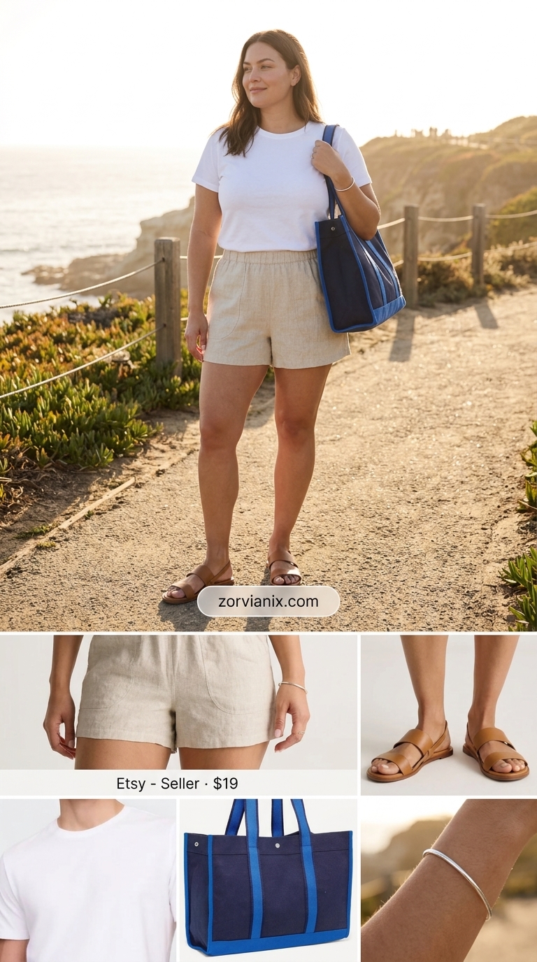 Midsize outfits for women summer 2026: Beige linen shorts with white tee and navy tote for a casual day.