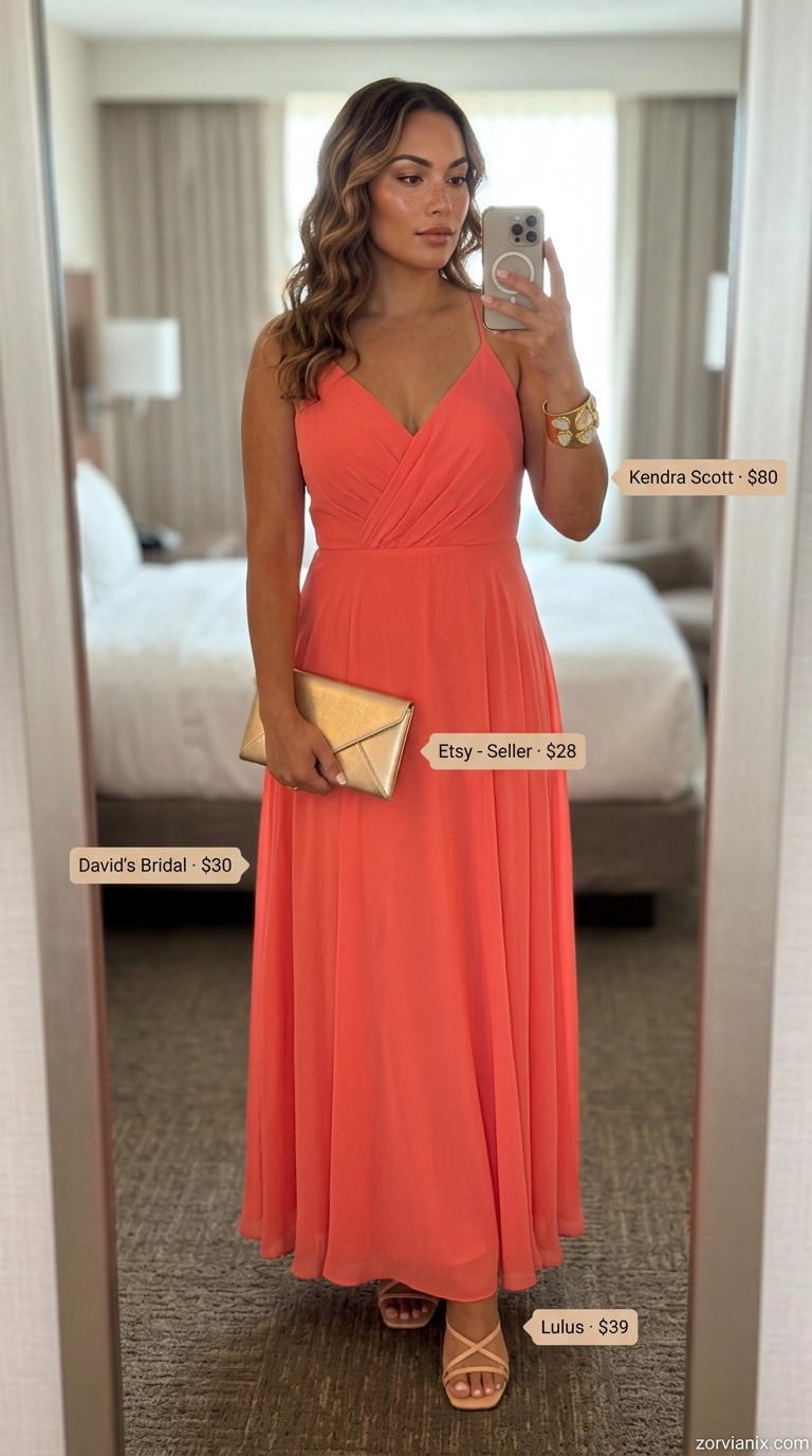 Midsize outfits for women summer 2026: Coral maxi dress, gold clutch, strappy nude heels for glamorous evening dinner.