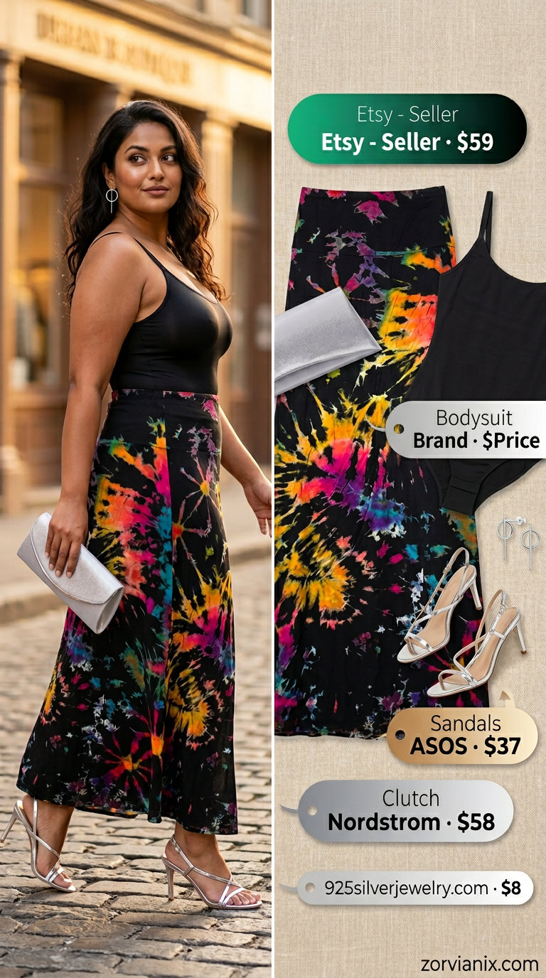 Midsize outfits for women summer 2026: Bold print maxi skirt, black bodysuit, silver metallic accessories for evening out.