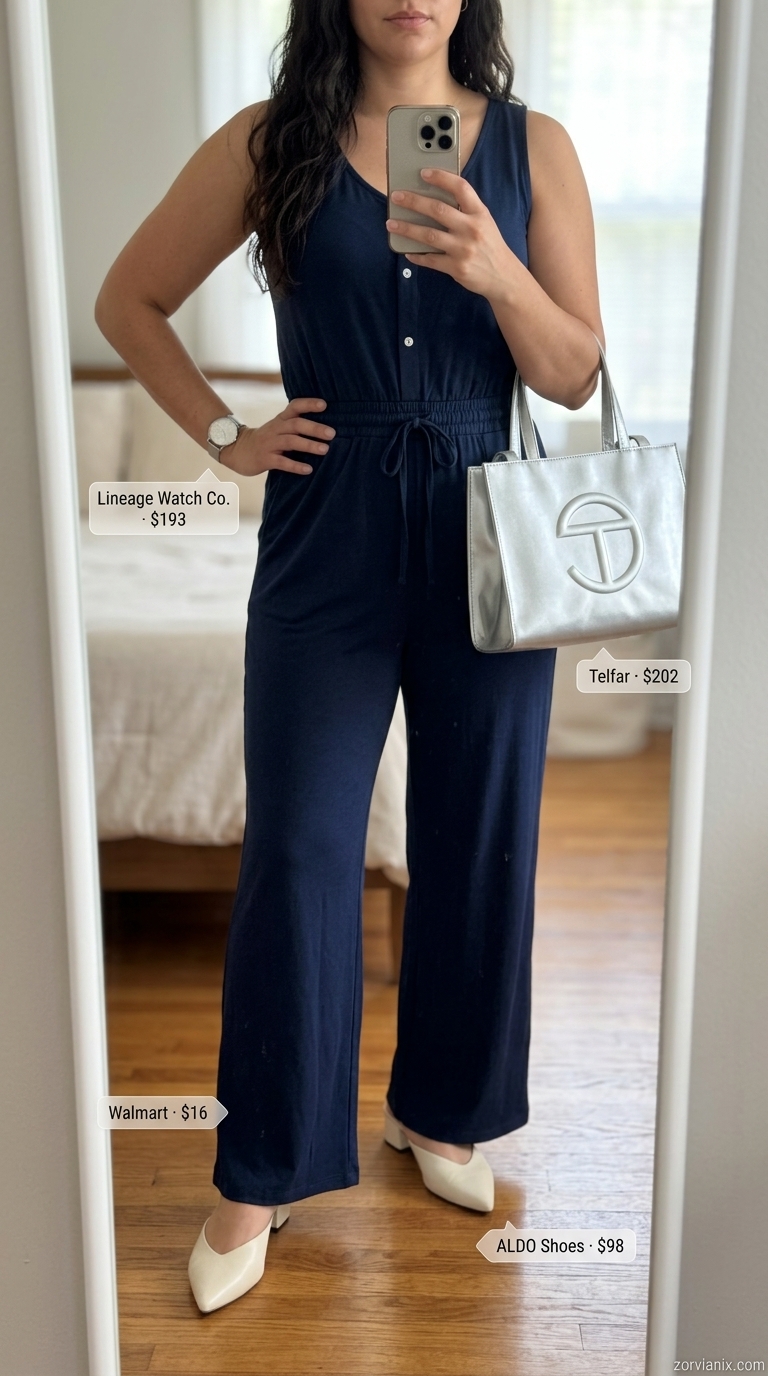 Midsize outfits for women summer 2026: Navy blue jumpsuit with white mules for a sophisticated work event or dinner.
