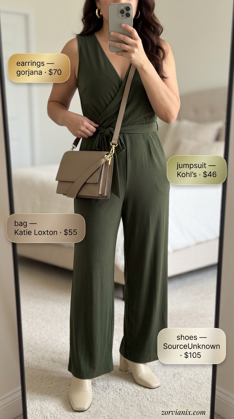 Midsize outfits for women summer 2026: Olive green wide-leg jumpsuit with cream mules for a summer evening event.