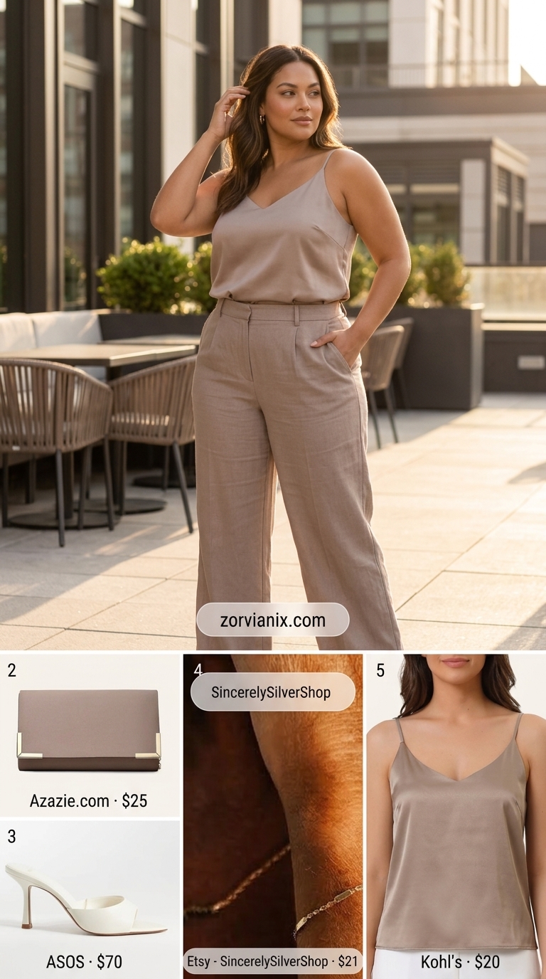 Midsize outfits for women summer 2026: Taupe linen-satin set with gold jewelry for a chic summer evening.