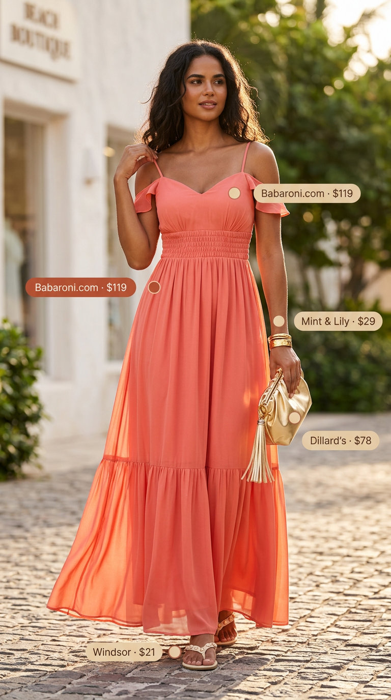 Midsize outfits for women summer 2026: Coral tiered maxi dress with embellished sandals for a beach resort dinner.