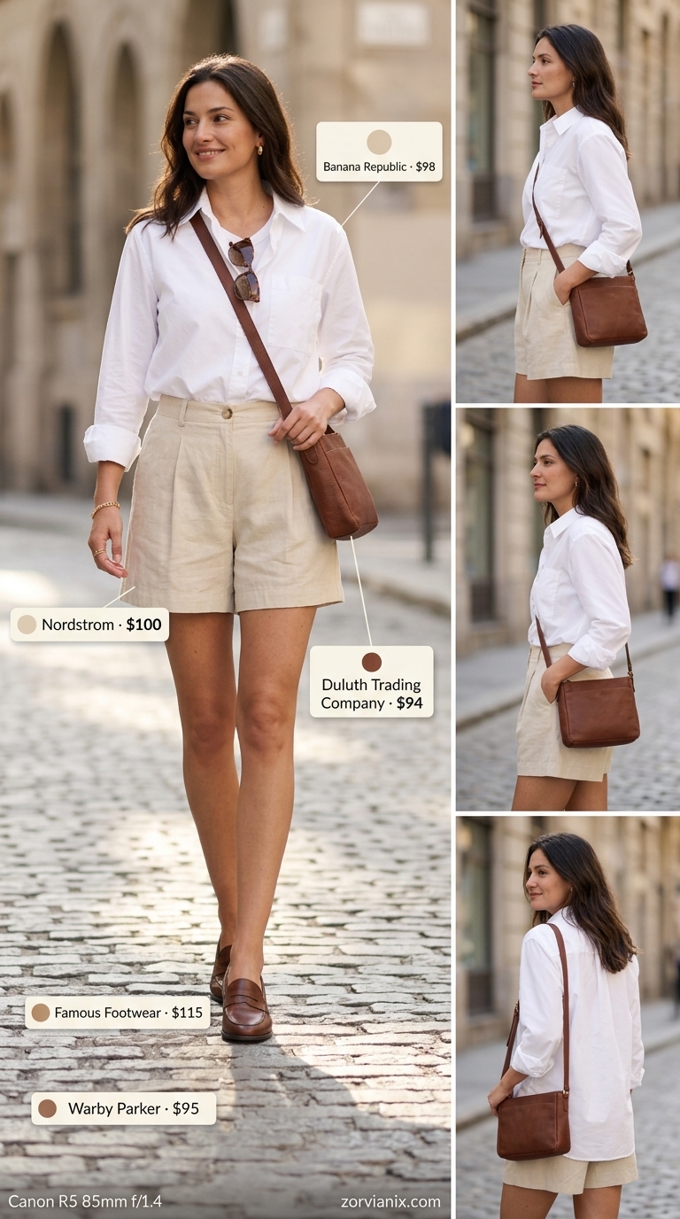 Polished beige linen shorts and white button-down for midsize outfits summer 2026. Smart casual travel style.