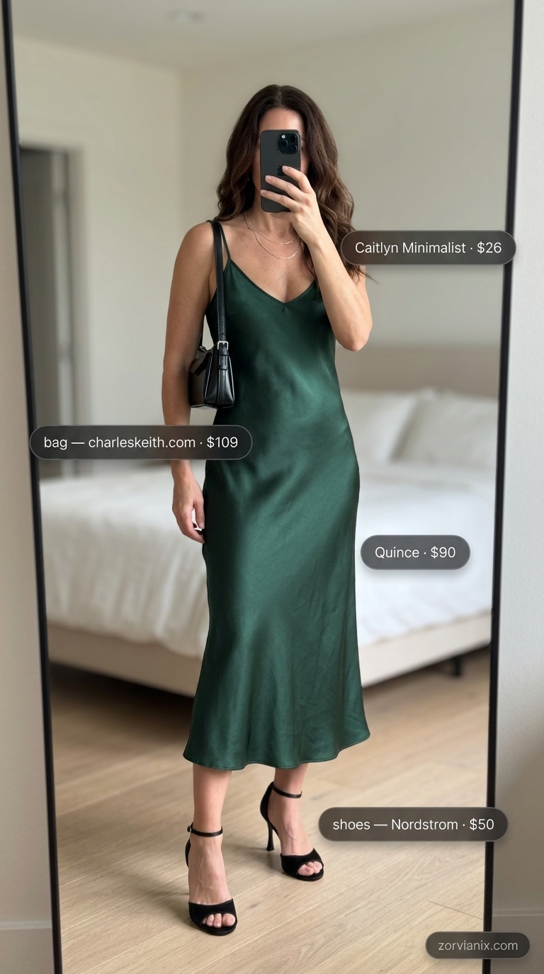 Elegant emerald green slip dress for midsize outfits summer 2026. Perfect for cocktail parties or date nights.