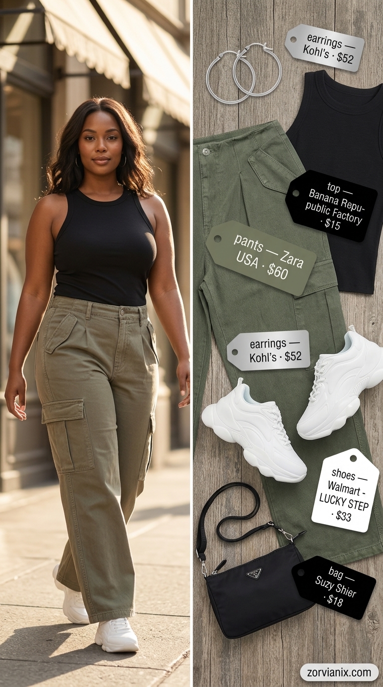 Casual khaki cargo pants and black tank for midsize outfits summer 2026. Trendy street style look.