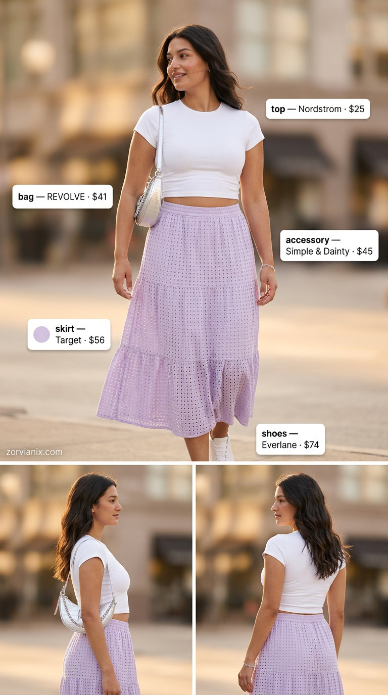 Playful lilac midi skirt and white crop top for midsize outfits summer 2026. Sweet brunch or casual date look.