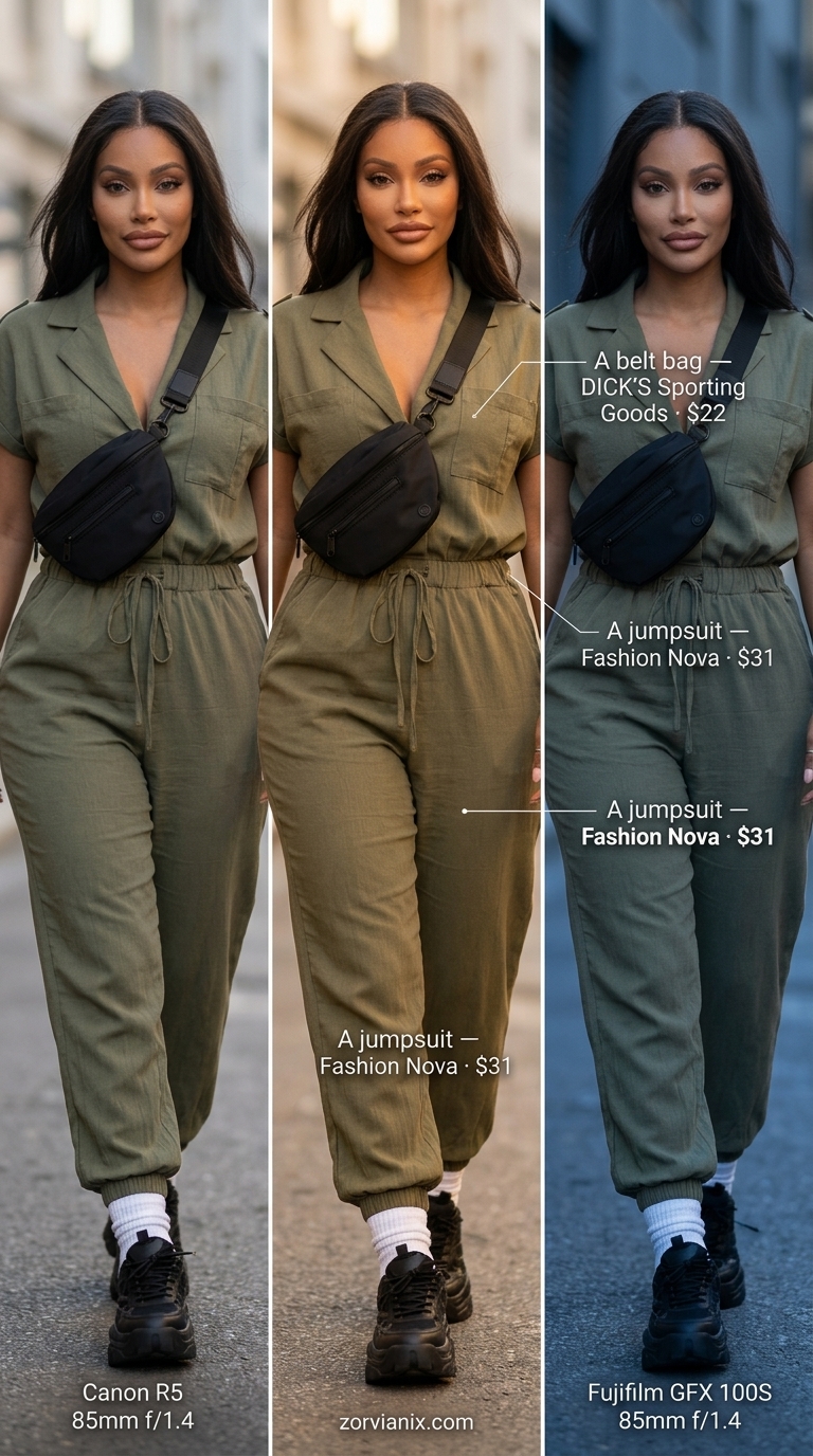 Stylish olive green utility jumpsuit for midsize outfits summer 2026. Comfortable for errands or travel.