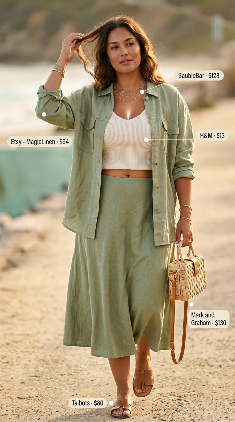Airy sage green linen set for midsize outfits summer 2026. Perfect for beach vacations or casual outings.