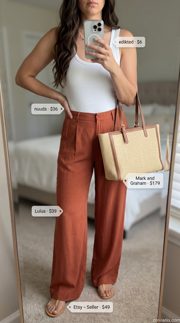 Relaxed terracotta wide-leg pants and white bodysuit for midsize outfits summer 2026. Effortless travel style.
