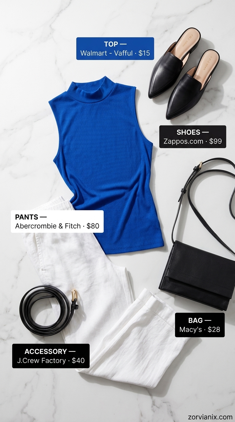 Sophisticated white wide-leg pants and cobalt blue top for midsize outfits summer 2026. Modern city style.