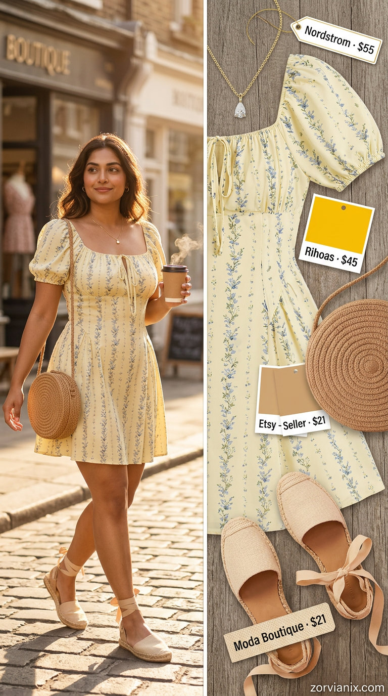 Sweet yellow floral sundress for midsize outfits summer 2026, paired with espadrille flats and straw bag.