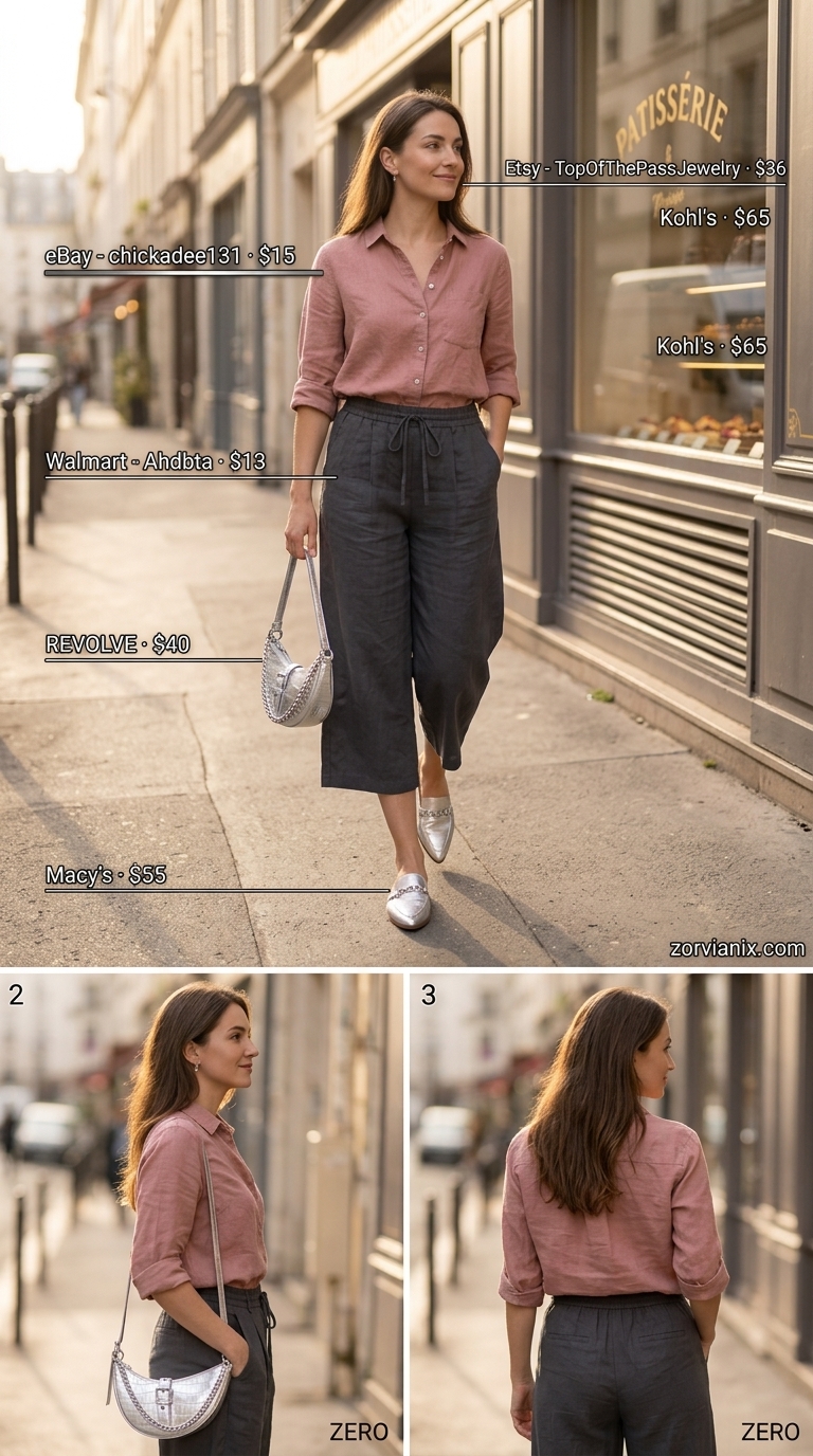 Modest Summer Outfits 2026: Chic City Culottes Modest summer outfits for women 2026: Charcoal grey culottes, blush pink blouse, and silver mules for city sightseeing.