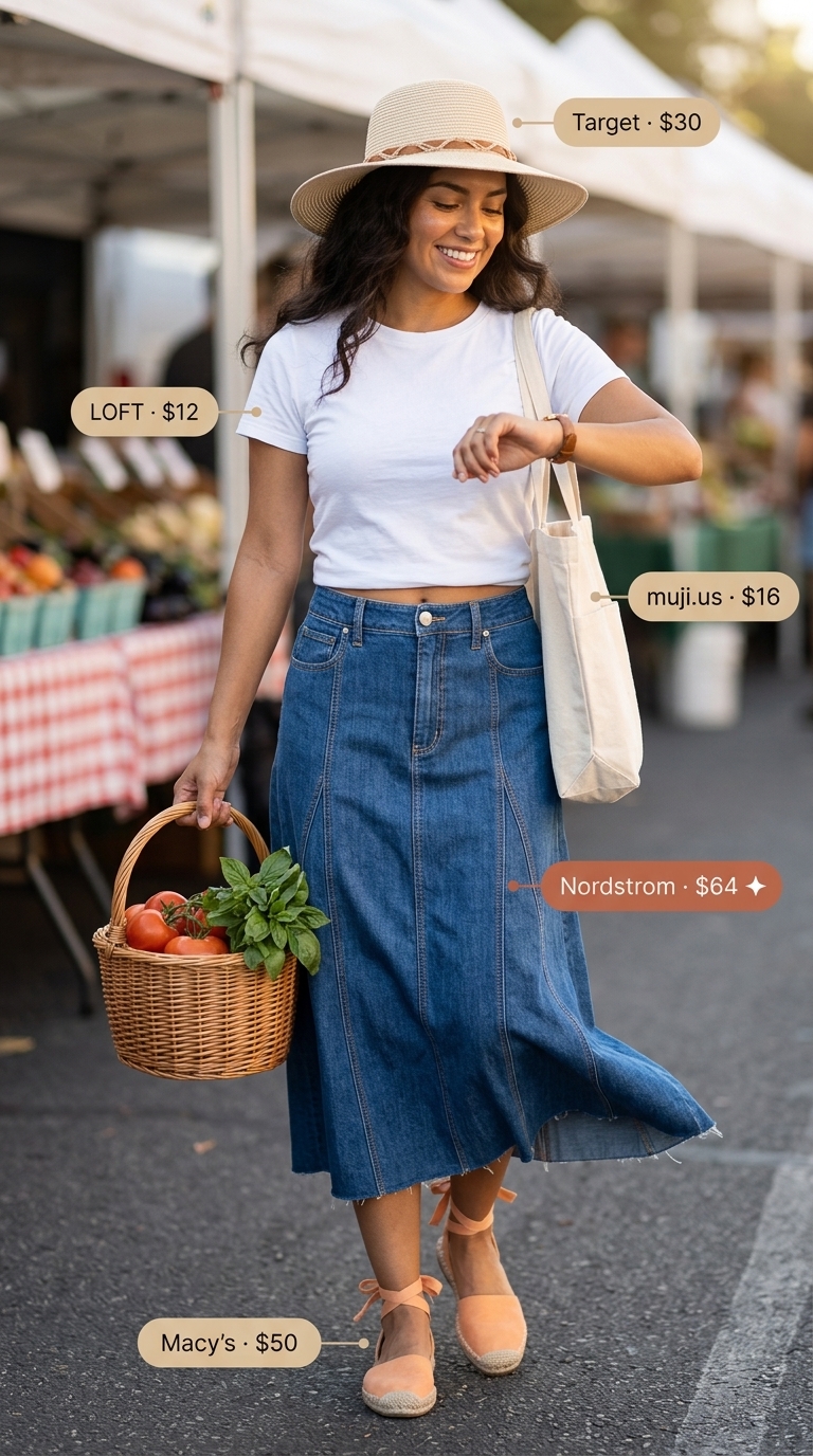 Modest Summer Outfits 2026: Farmers Market Denim Modest summer outfits for women 2026: Light wash denim skirt, white tee, and straw hat for farmers markets.