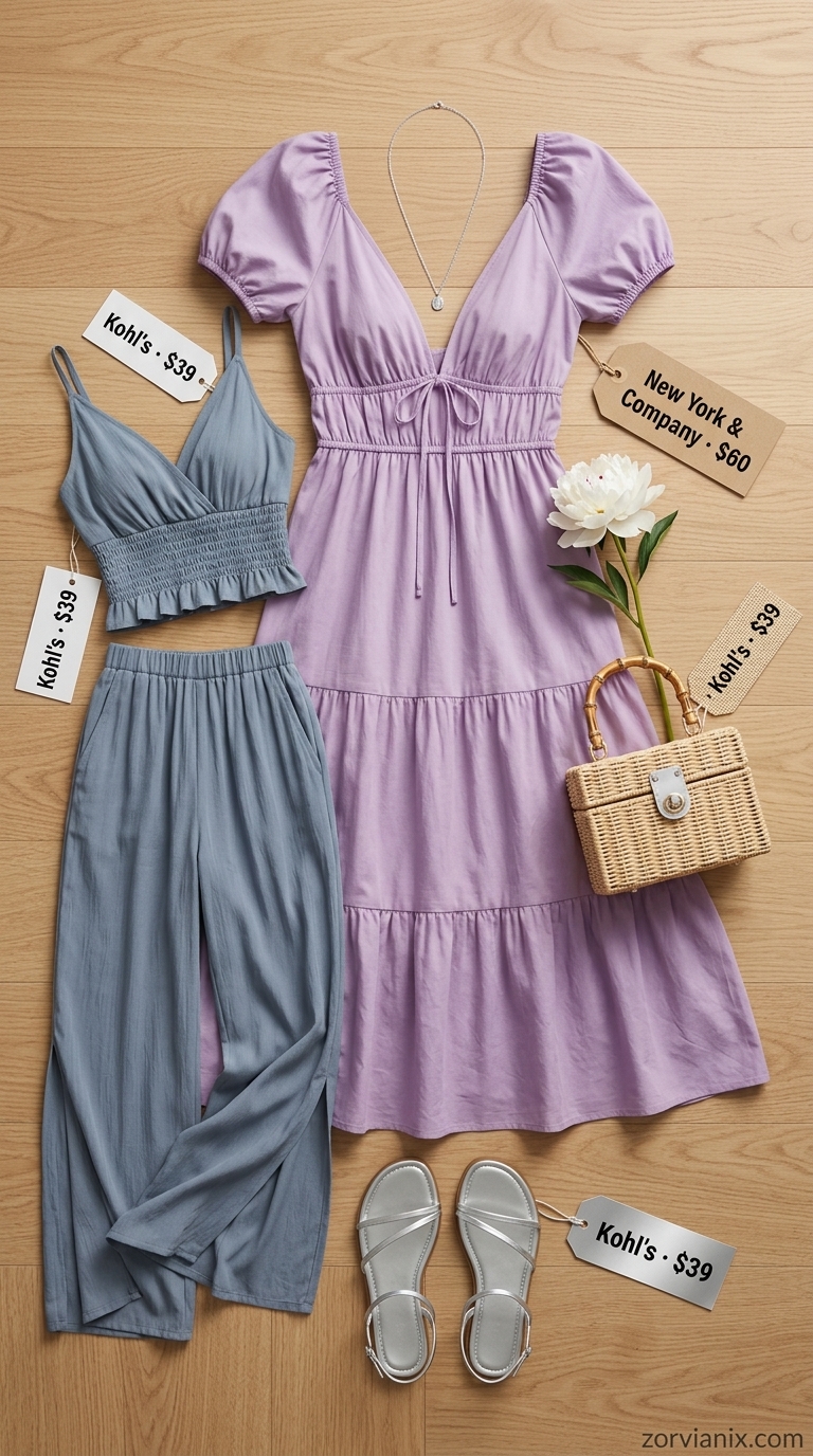 Modest Summer Outfits 2026: Lavender Garden Dress Modest summer outfits for women 2026: Lavender midi dress, white block heels, and off-white shoulder bag for garden parties.