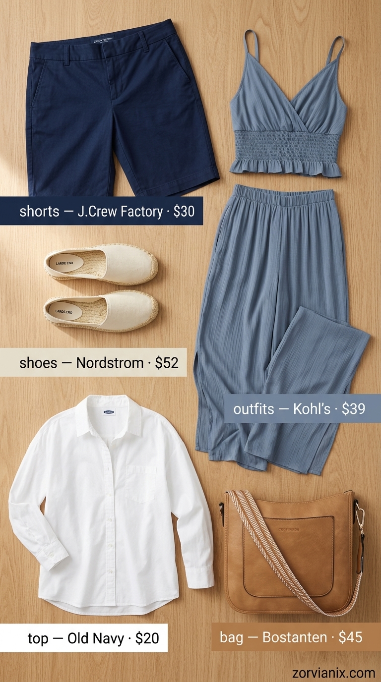 Modest Summer Outfits 2026: Chic Shorts Ensemble Modest summer outfits for women 2026: Navy Bermuda shorts, white oversized shirt, tan crossbody bag, espadrilles.