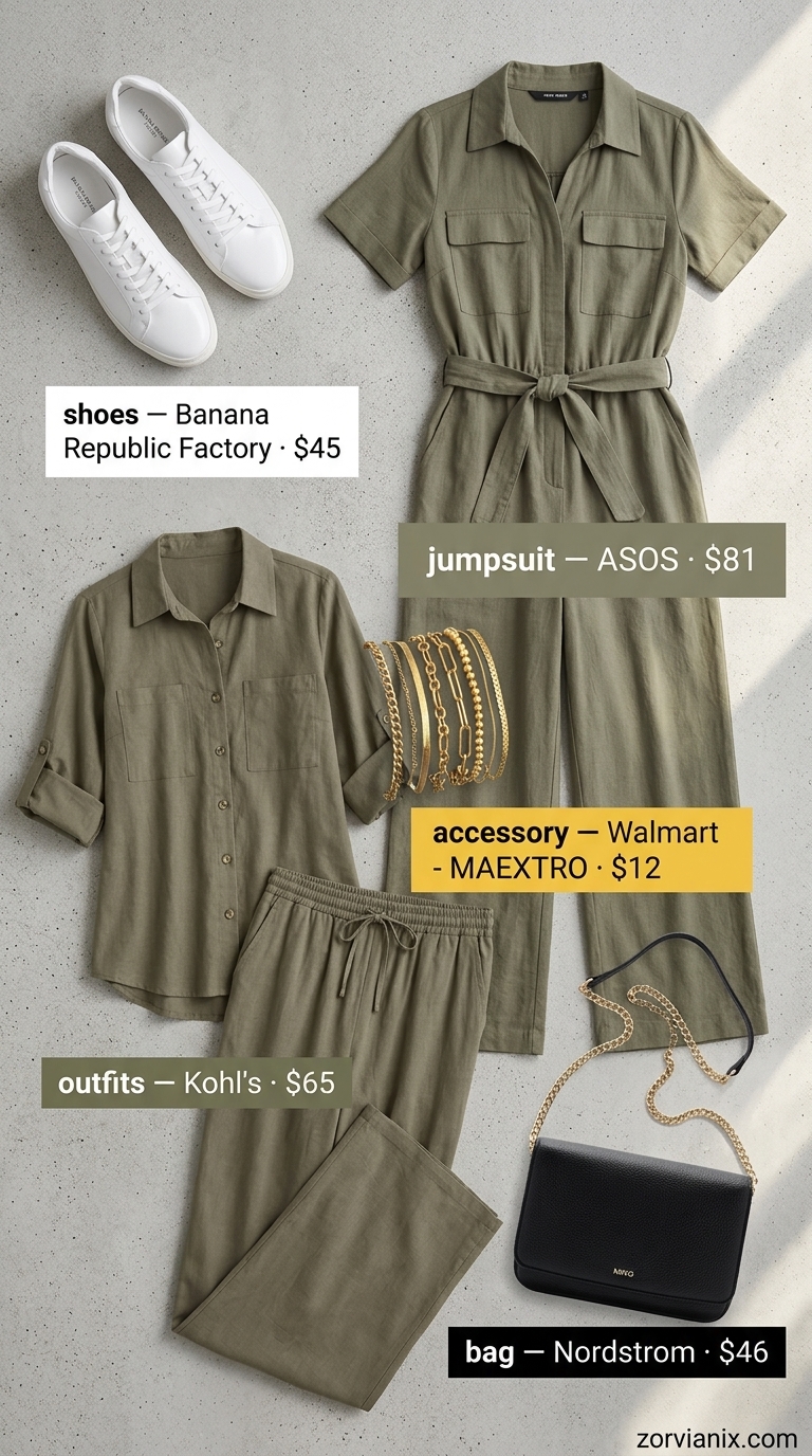 Modest Summer Outfits 2026: Olive Utility Jumpsuit Modest summer outfits for women 2026: Olive green jumpsuit, white sneakers, and gold accessories for travel.