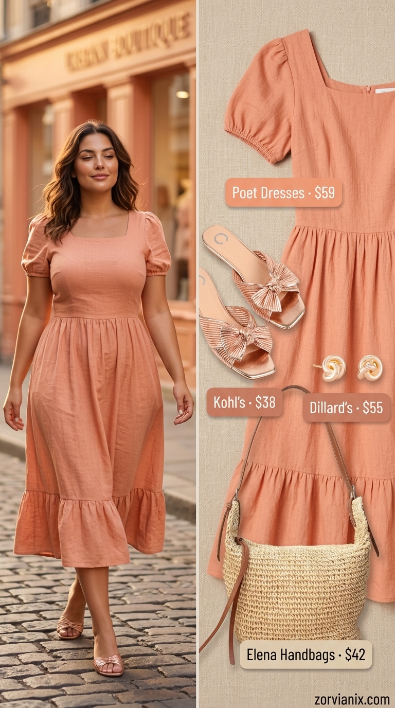 Modest Summer Outfits 2026: Peach Blossom Dress Modest summer outfits for women 2026: Soft peach midi dress, ivory raffia bag, and rose gold sandals for a picnic.